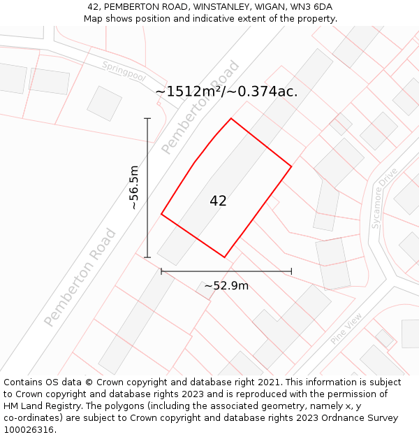 42, PEMBERTON ROAD, WINSTANLEY, WIGAN, WN3 6DA: Plot and title map