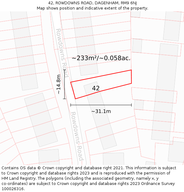 42, ROWDOWNS ROAD, DAGENHAM, RM9 6NJ: Plot and title map
