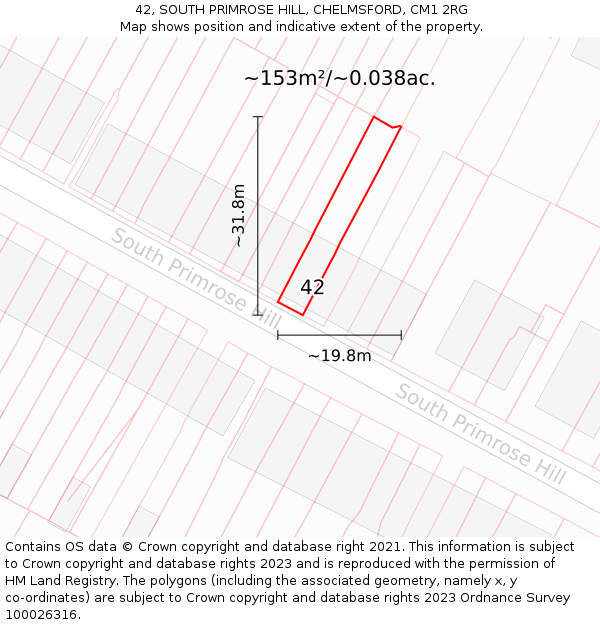 42, SOUTH PRIMROSE HILL, CHELMSFORD, CM1 2RG: Plot and title map