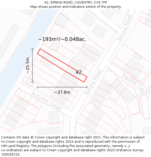 42, SPRING ROAD, COVENTRY, CV6 7FP: Plot and title map