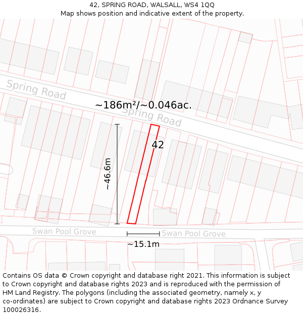 42, SPRING ROAD, WALSALL, WS4 1QQ: Plot and title map