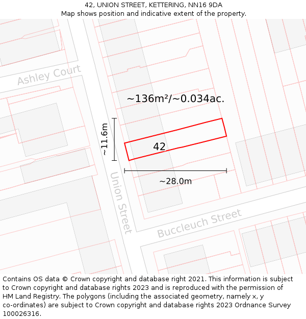42, UNION STREET, KETTERING, NN16 9DA: Plot and title map
