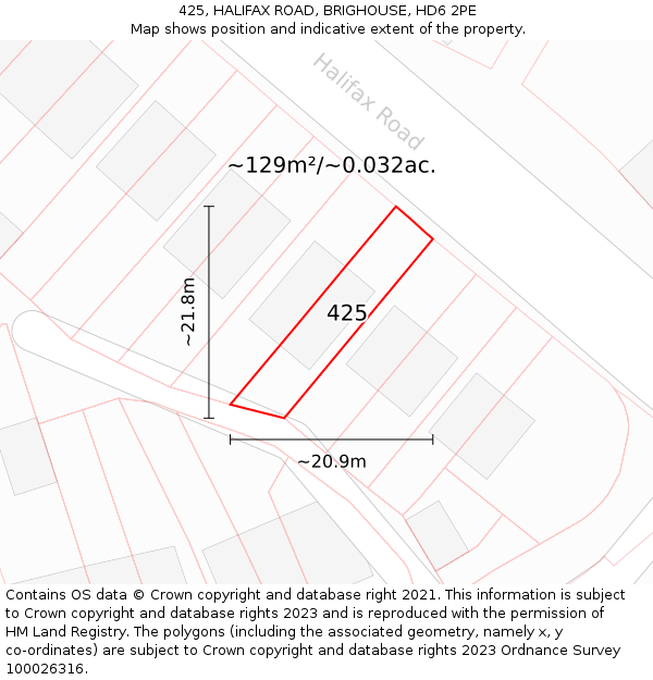 425, HALIFAX ROAD, BRIGHOUSE, HD6 2PE: Plot and title map