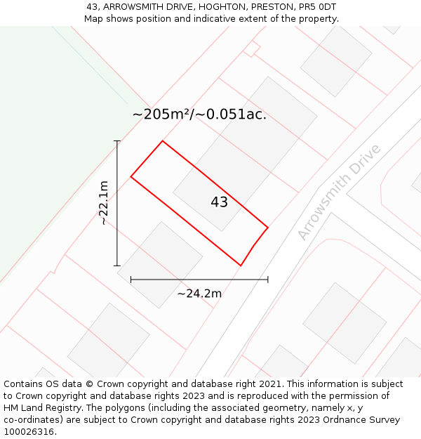 43, ARROWSMITH DRIVE, HOGHTON, PRESTON, PR5 0DT: Plot and title map