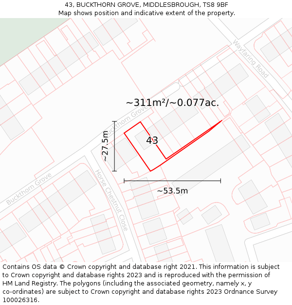 43, BUCKTHORN GROVE, MIDDLESBROUGH, TS8 9BF: Plot and title map