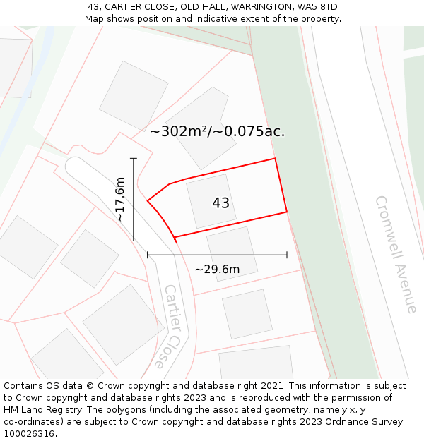 43, CARTIER CLOSE, OLD HALL, WARRINGTON, WA5 8TD: Plot and title map