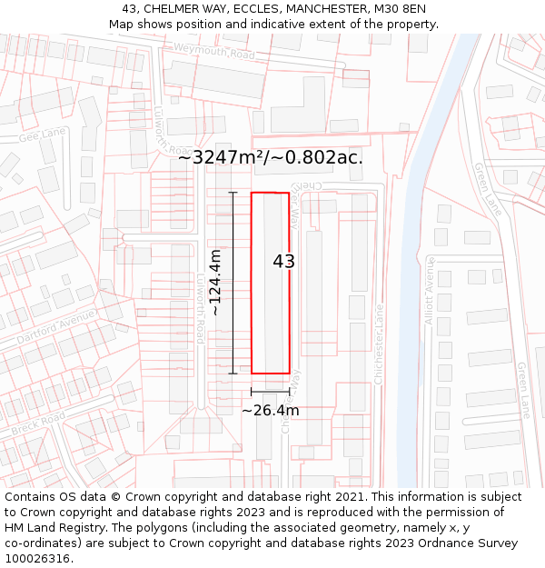43, CHELMER WAY, ECCLES, MANCHESTER, M30 8EN: Plot and title map