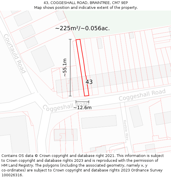 43, COGGESHALL ROAD, BRAINTREE, CM7 9EP: Plot and title map