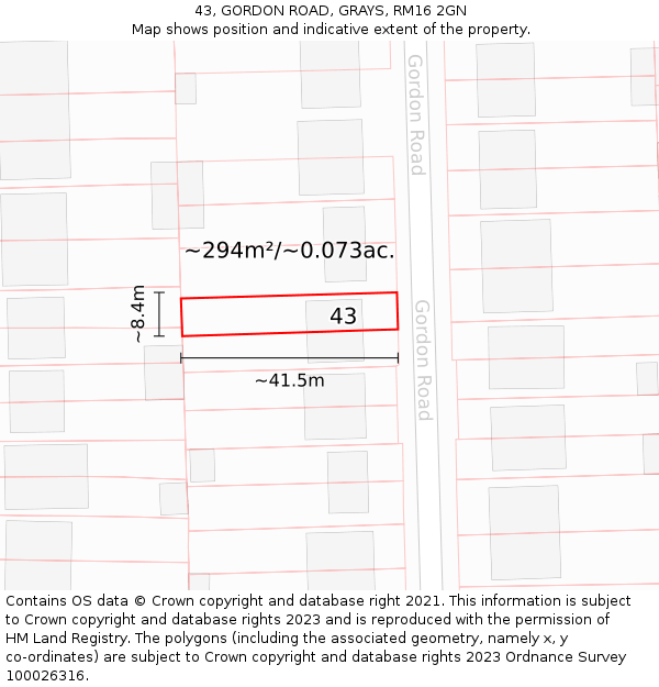 43, GORDON ROAD, GRAYS, RM16 2GN: Plot and title map