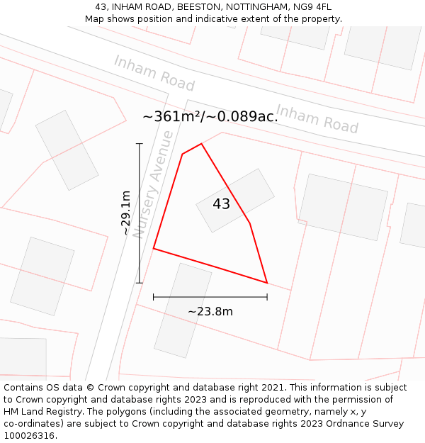 43, INHAM ROAD, BEESTON, NOTTINGHAM, NG9 4FL: Plot and title map