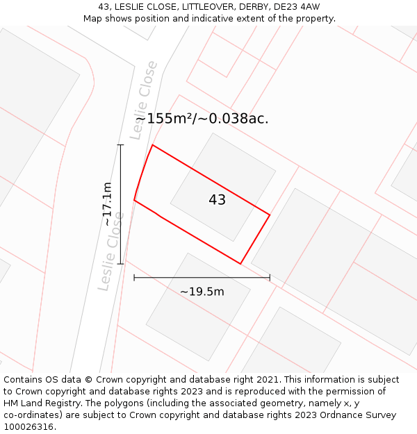 43, LESLIE CLOSE, LITTLEOVER, DERBY, DE23 4AW: Plot and title map