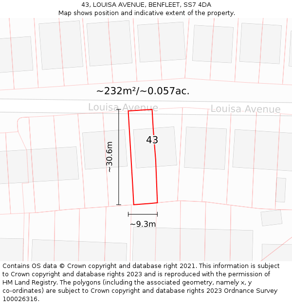 43, LOUISA AVENUE, BENFLEET, SS7 4DA: Plot and title map