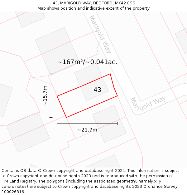 43, MARIGOLD WAY, BEDFORD, MK42 0SS: Plot and title map