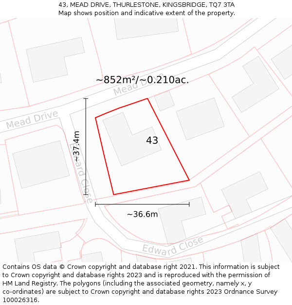 43, MEAD DRIVE, THURLESTONE, KINGSBRIDGE, TQ7 3TA: Plot and title map