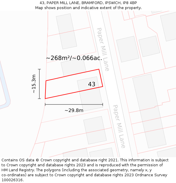 43, PAPER MILL LANE, BRAMFORD, IPSWICH, IP8 4BP: Plot and title map