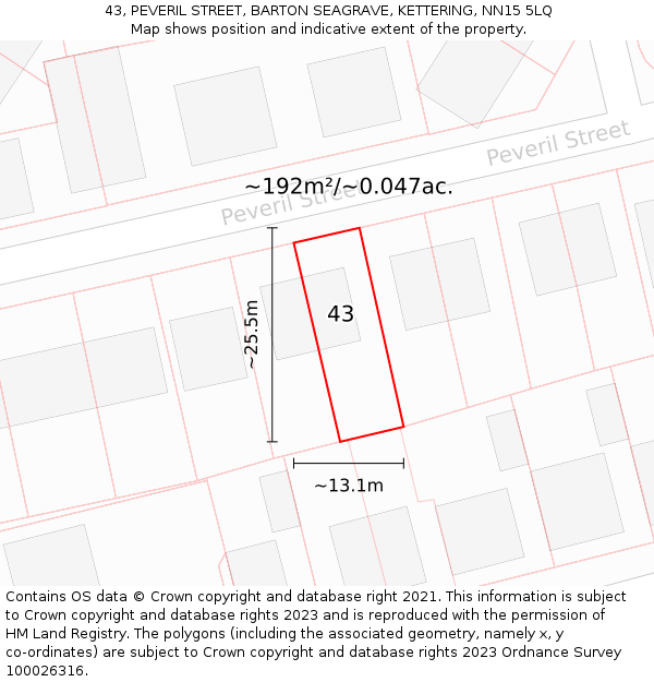 43, PEVERIL STREET, BARTON SEAGRAVE, KETTERING, NN15 5LQ: Plot and title map