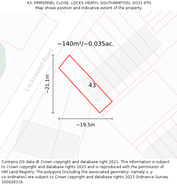 43, PIMPERNEL CLOSE, LOCKS HEATH, SOUTHAMPTON, SO31 6TN: Plot and title map