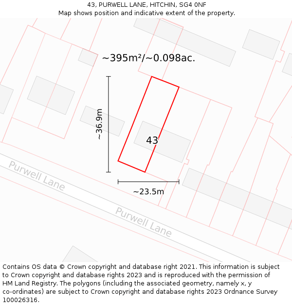 43, PURWELL LANE, HITCHIN, SG4 0NF: Plot and title map