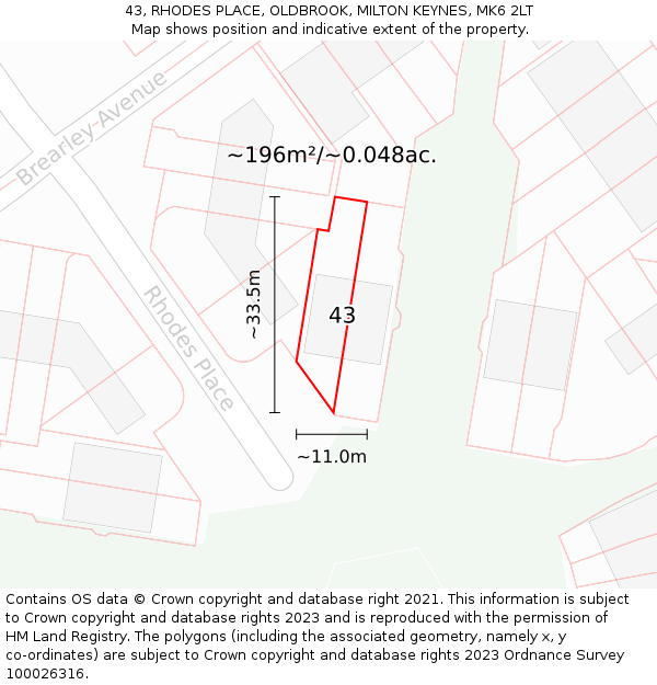 43, RHODES PLACE, OLDBROOK, MILTON KEYNES, MK6 2LT: Plot and title map