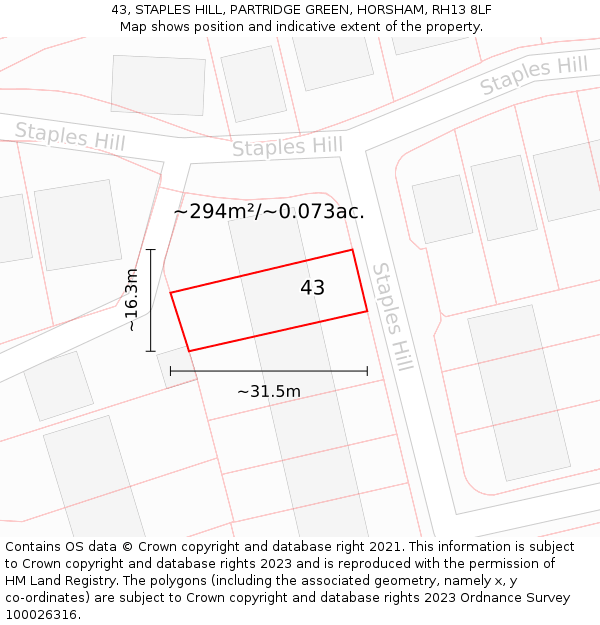 43, STAPLES HILL, PARTRIDGE GREEN, HORSHAM, RH13 8LF: Plot and title map
