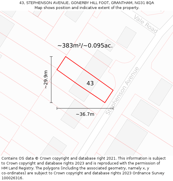 43, STEPHENSON AVENUE, GONERBY HILL FOOT, GRANTHAM, NG31 8QA: Plot and title map