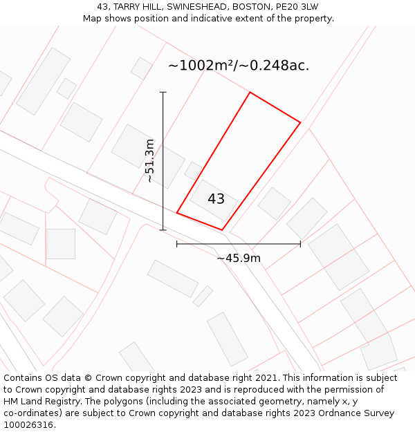 43, TARRY HILL, SWINESHEAD, BOSTON, PE20 3LW: Plot and title map