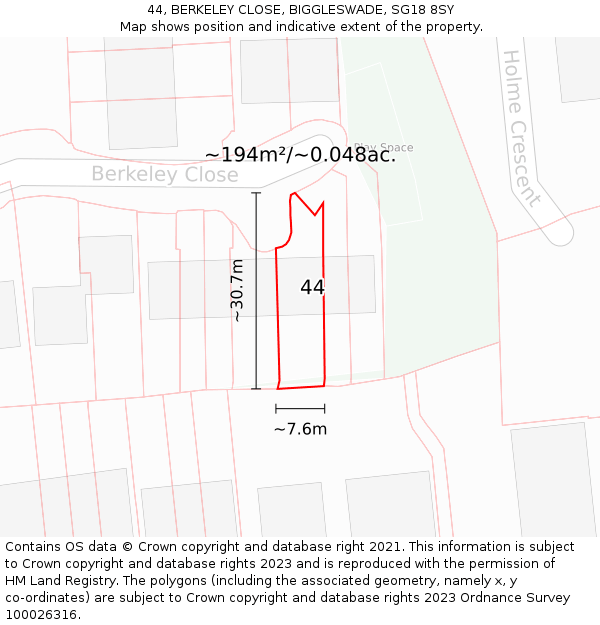 44, BERKELEY CLOSE, BIGGLESWADE, SG18 8SY: Plot and title map