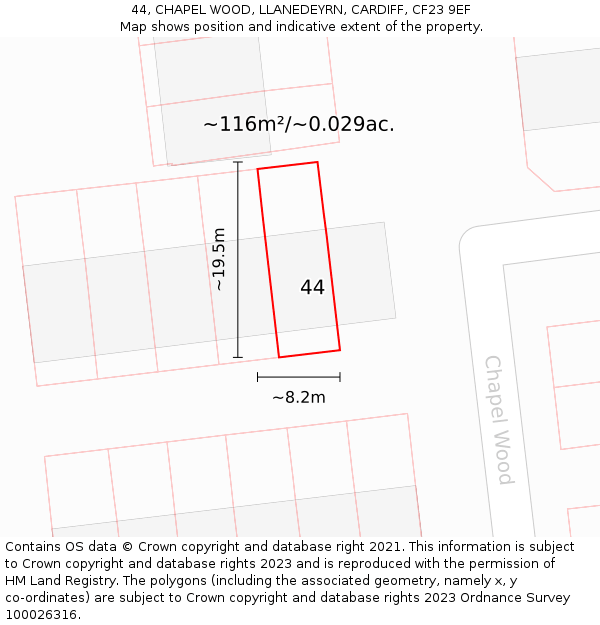 44, CHAPEL WOOD, LLANEDEYRN, CARDIFF, CF23 9EF: Plot and title map