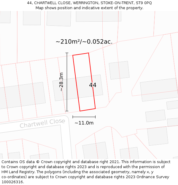 44, CHARTWELL CLOSE, WERRINGTON, STOKE-ON-TRENT, ST9 0PQ: Plot and title map
