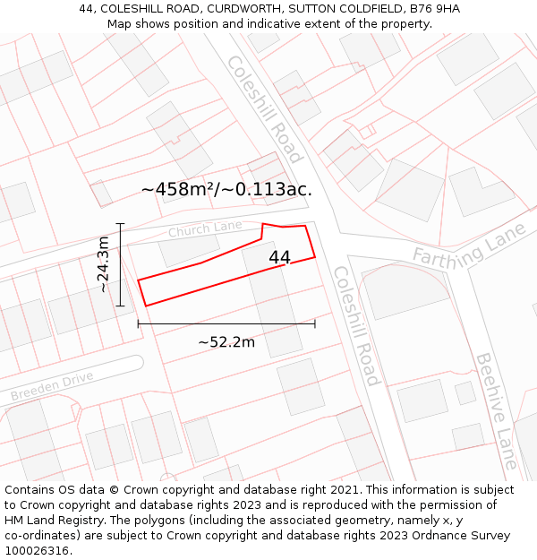 44, COLESHILL ROAD, CURDWORTH, SUTTON COLDFIELD, B76 9HA: Plot and title map