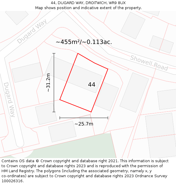 44, DUGARD WAY, DROITWICH, WR9 8UX: Plot and title map