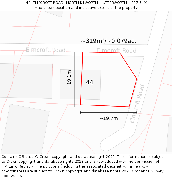 44, ELMCROFT ROAD, NORTH KILWORTH, LUTTERWORTH, LE17 6HX: Plot and title map