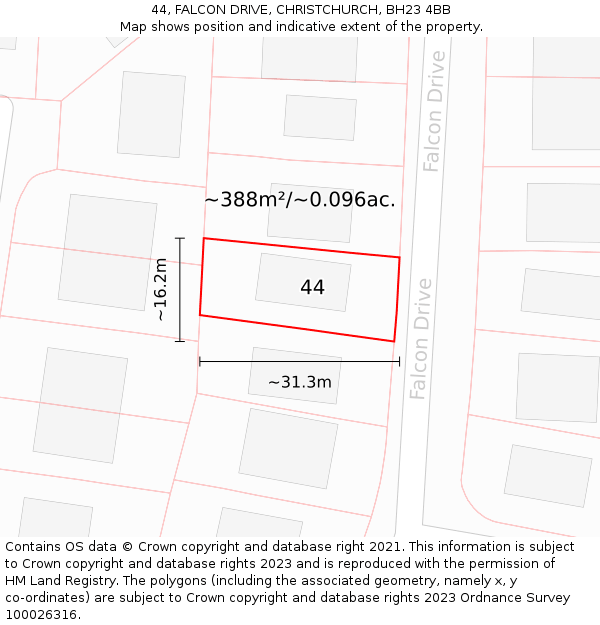 44, FALCON DRIVE, CHRISTCHURCH, BH23 4BB: Plot and title map