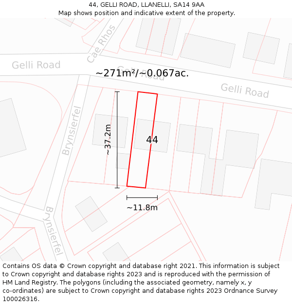 44, GELLI ROAD, LLANELLI, SA14 9AA: Plot and title map