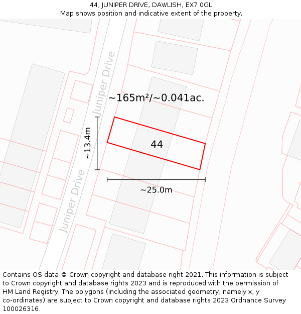 44, JUNIPER DRIVE, DAWLISH, EX7 0GL: Plot and title map