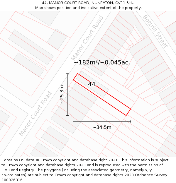 44, MANOR COURT ROAD, NUNEATON, CV11 5HU: Plot and title map