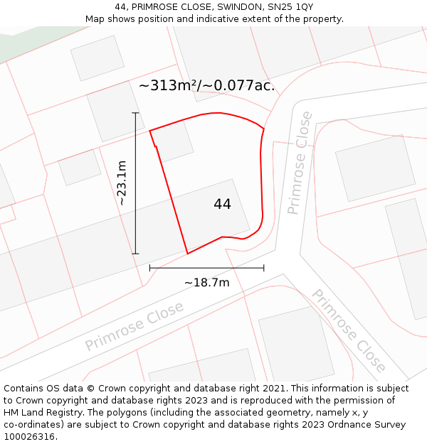 44, PRIMROSE CLOSE, SWINDON, SN25 1QY: Plot and title map