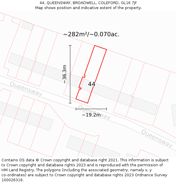 44, QUEENSWAY, BROADWELL, COLEFORD, GL16 7JF: Plot and title map