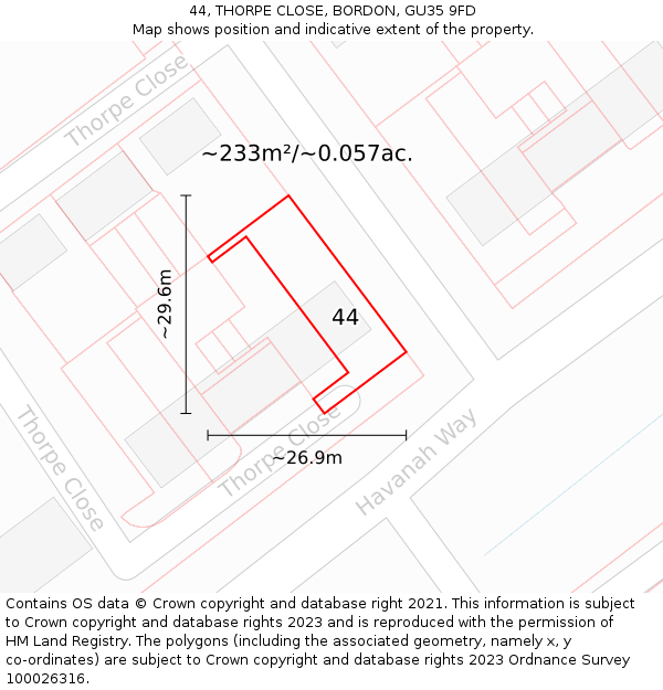 44, THORPE CLOSE, BORDON, GU35 9FD: Plot and title map