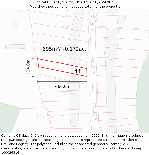 44, WELL LANE, STOCK, INGATESTONE, CM4 9LZ: Plot and title map