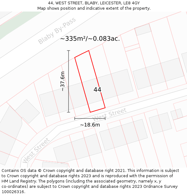 44, WEST STREET, BLABY, LEICESTER, LE8 4GY: Plot and title map