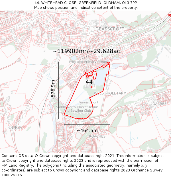 44, WHITEHEAD CLOSE, GREENFIELD, OLDHAM, OL3 7PP: Plot and title map