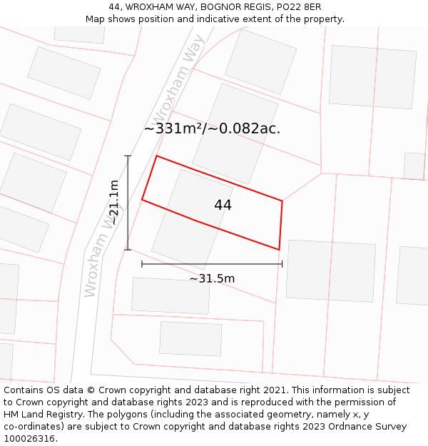 44, WROXHAM WAY, BOGNOR REGIS, PO22 8ER: Plot and title map