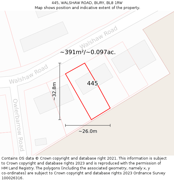 445, WALSHAW ROAD, BURY, BL8 1RW: Plot and title map
