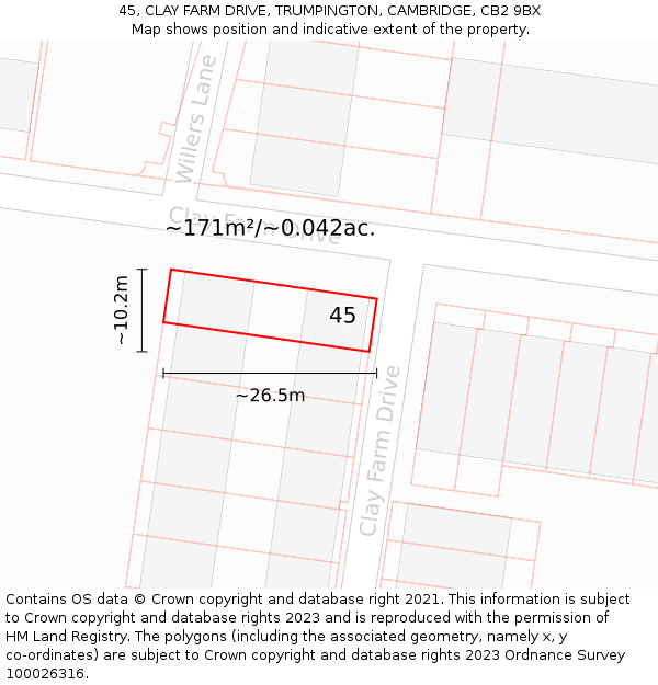 45, CLAY FARM DRIVE, TRUMPINGTON, CAMBRIDGE, CB2 9BX: Plot and title map
