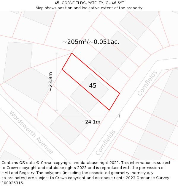 45, CORNFIELDS, YATELEY, GU46 6YT: Plot and title map