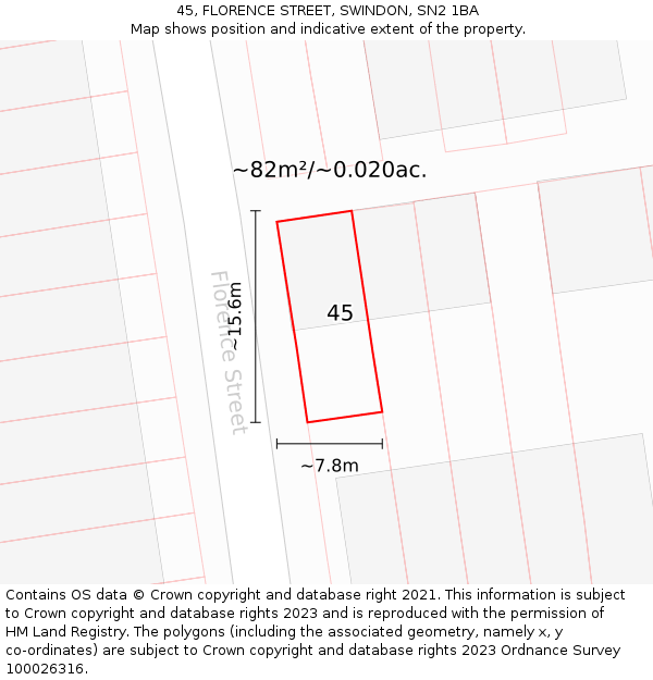45, FLORENCE STREET, SWINDON, SN2 1BA: Plot and title map