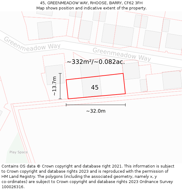 45, GREENMEADOW WAY, RHOOSE, BARRY, CF62 3FH: Plot and title map