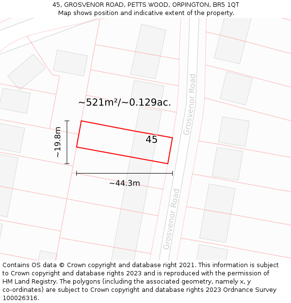 45, GROSVENOR ROAD, PETTS WOOD, ORPINGTON, BR5 1QT: Plot and title map
