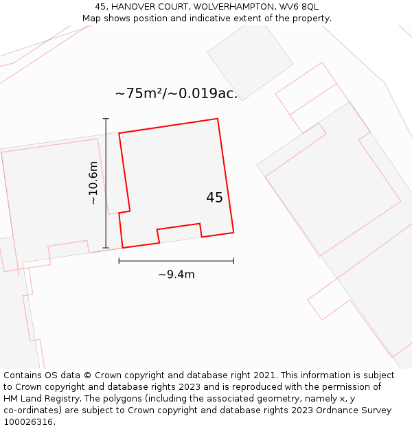 45, HANOVER COURT, WOLVERHAMPTON, WV6 8QL: Plot and title map